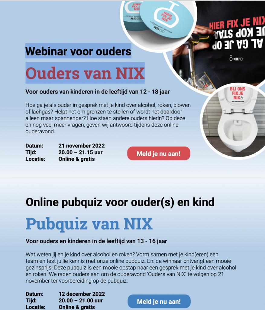 ouderavonden over alcohol, roken, blowen en lachgas